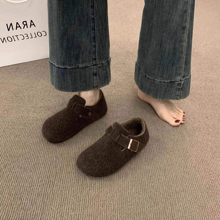 Retro round head felt fleece Birkenstocks women's fleece autumn and winter one-pedal thermal cotton ladyshoes woolen loafers