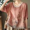 Casual Cotton Linen Shirt Summer Retro Embroidery Top Women's Artistic Round Neck Blouse