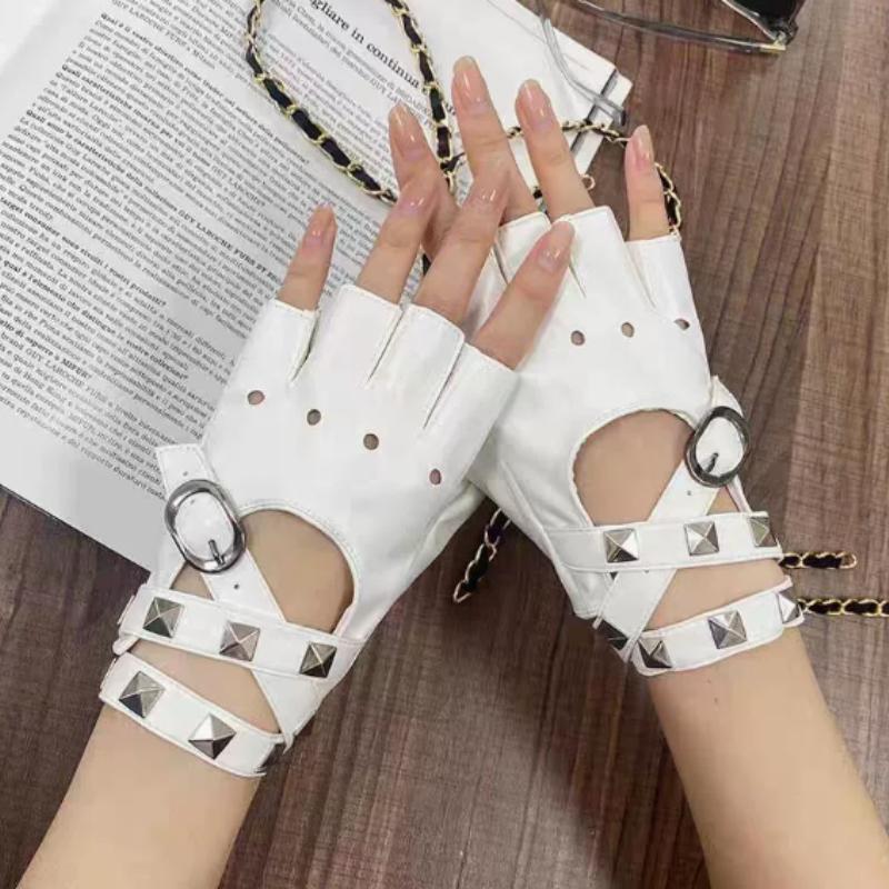 Unisex Fingerless Driving PU Leather Gloves Motor Cool Rivet Sexy Disco Dancing Rock and Roll Black Red White Punk Gloves