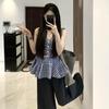 Korean V-neck blue plaid neck sling vest women's summer temperament sweet and spicy off-the-shoulder waist sleeveless top