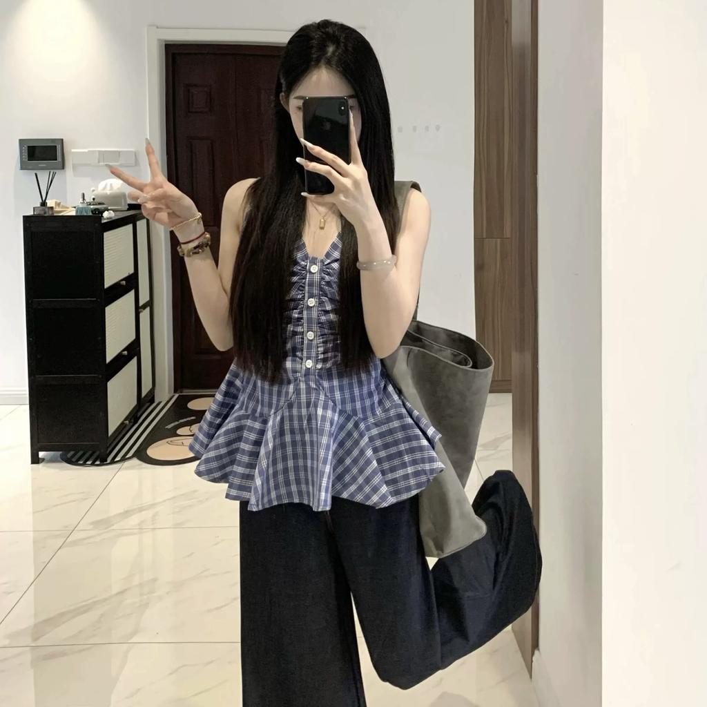 Korean V-neck blue plaid neck sling vest women's summer temperament sweet and spicy off-the-shoulder waist sleeveless top