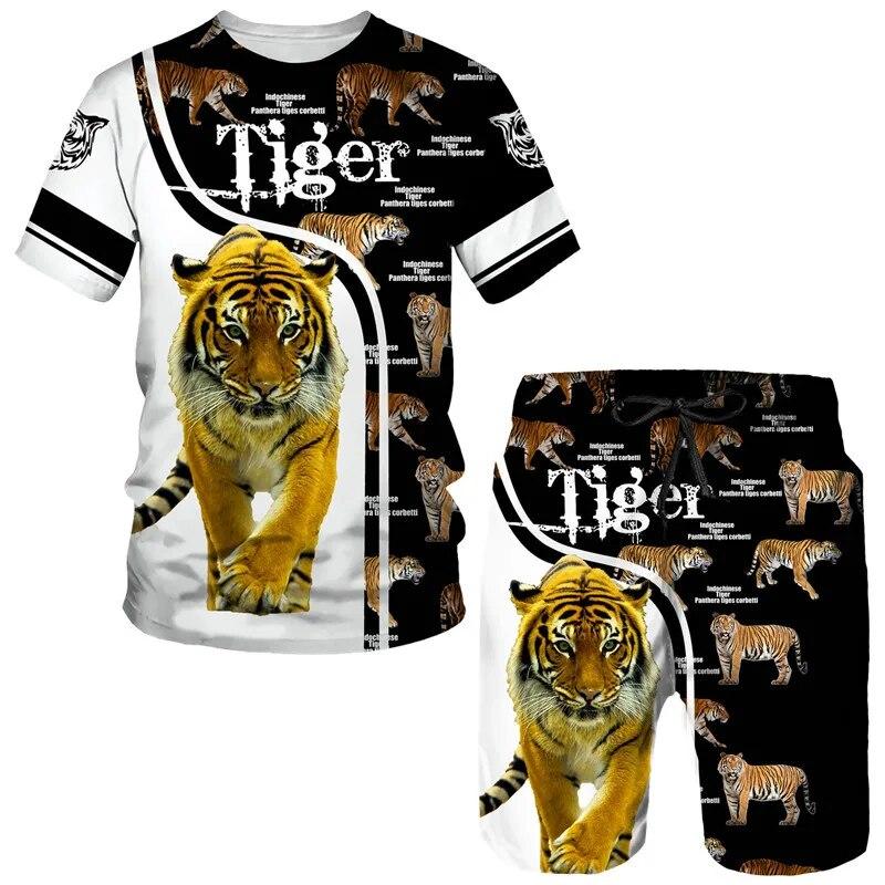 

Літній тренд Чоловічі футболки з принтом тигра Повсякденна футболка з круглим вирізом Шорти Комплект із 2 предметів Модний чоловічий пуловер Одяг Вуличний одяг XL
