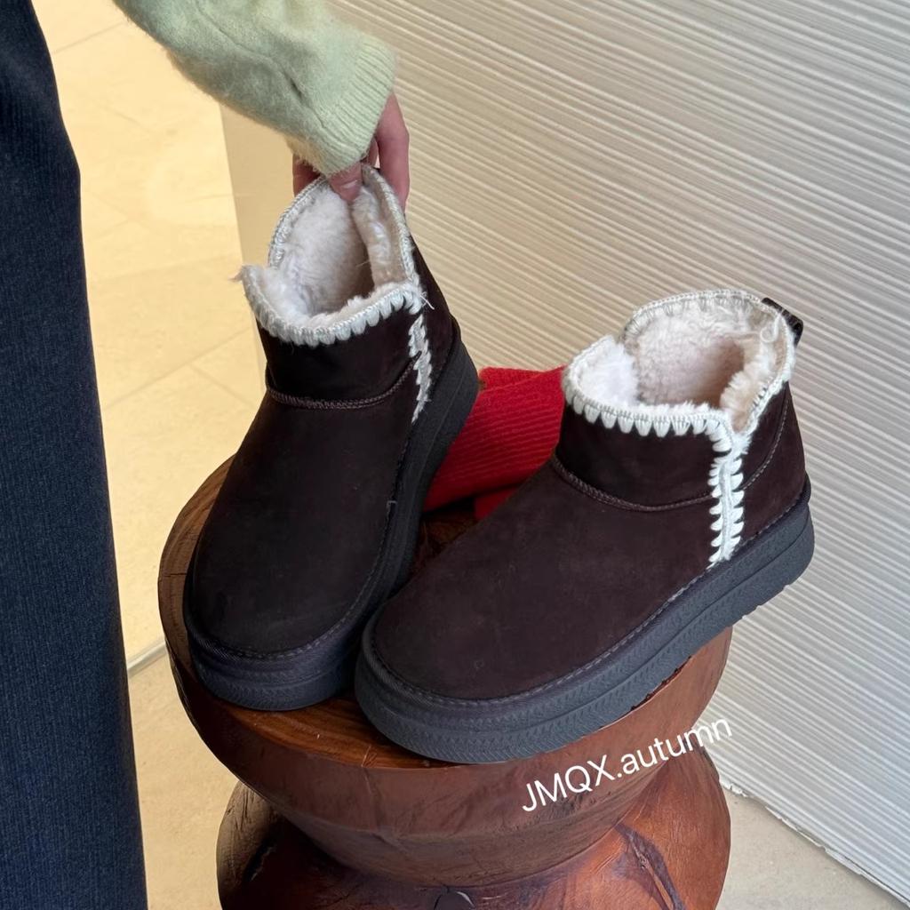 Korean Version of Genuine Leather Real Hair Snow Boots Women's 2025 Winter Plush Thick-soled Short Thermal Cotton Shoes, Genuine Leather Plush