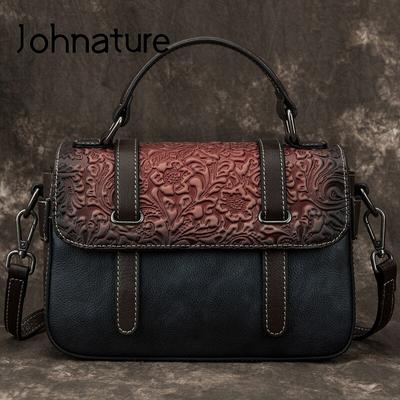 Retro Handmade Embossing Women Handbag Leisure Genuine Leather Large Capacity Female Shoulder Messenger Bag