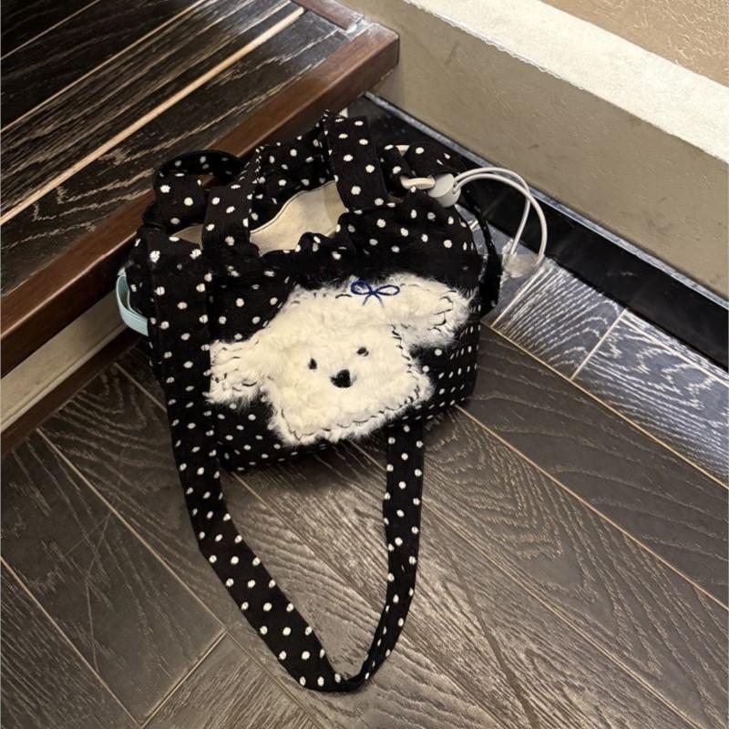 Korean Cute Black Polka Dot Puppy Crossbody Bag Women Cartoon Canvas Handbag Ladies Harajuku Sweet Large Capacity Shoulder Bags