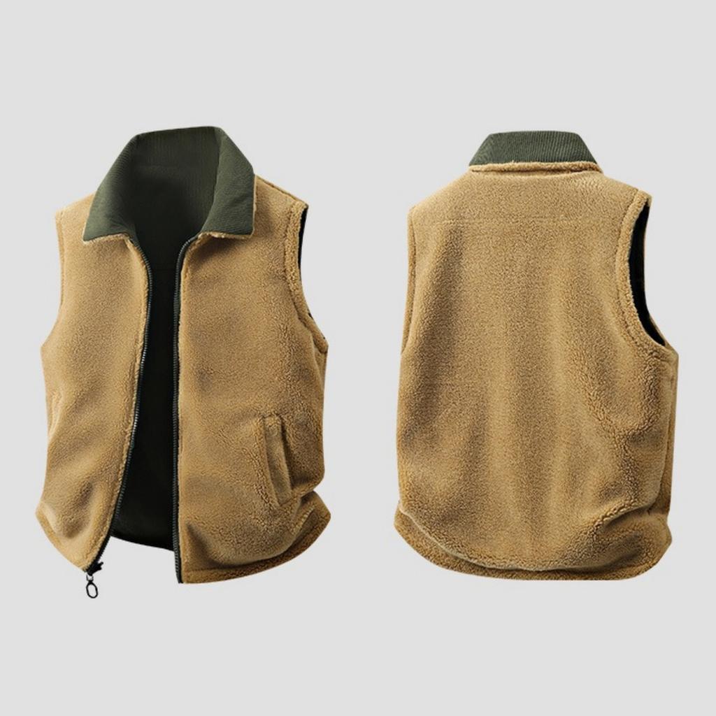 Men's Casual Inner And Outer Color-matched Zipper Vests, Men's Double-sided Fleece Warm Lambskin Lapel Vests