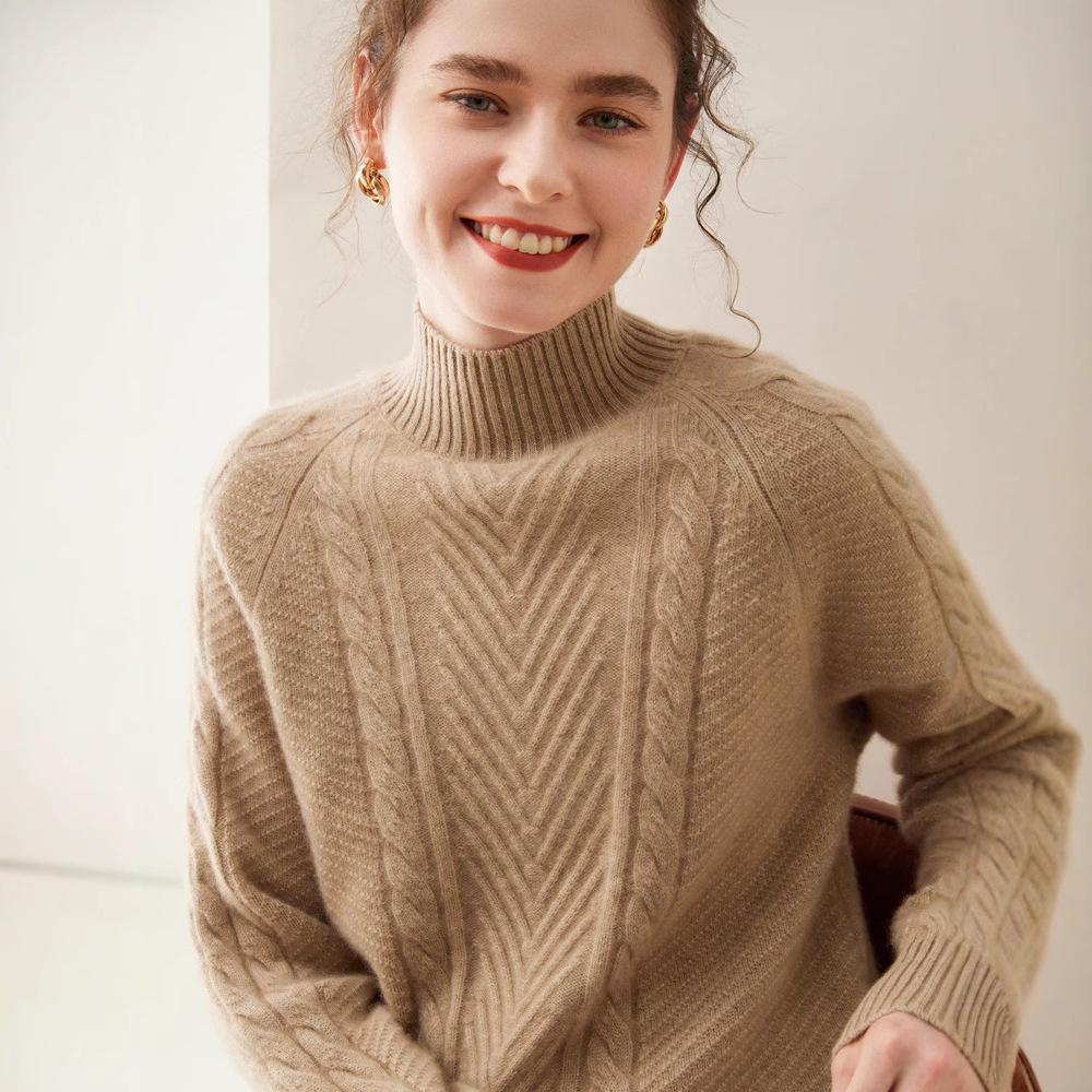 Women's Thickened Cashmere Sweater - Autumn/Winter, Half-High Neck, Twist Pattern Pullover, Casual Fashion.