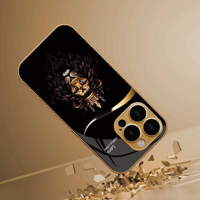 Custodia in Vetro con Fantasia Leone Corona Raffinata Vernice Metallica Oro Per iPhone 11 12 13 14 15 16 17 Pro Max 14 Plus 17 Air 16E Cover