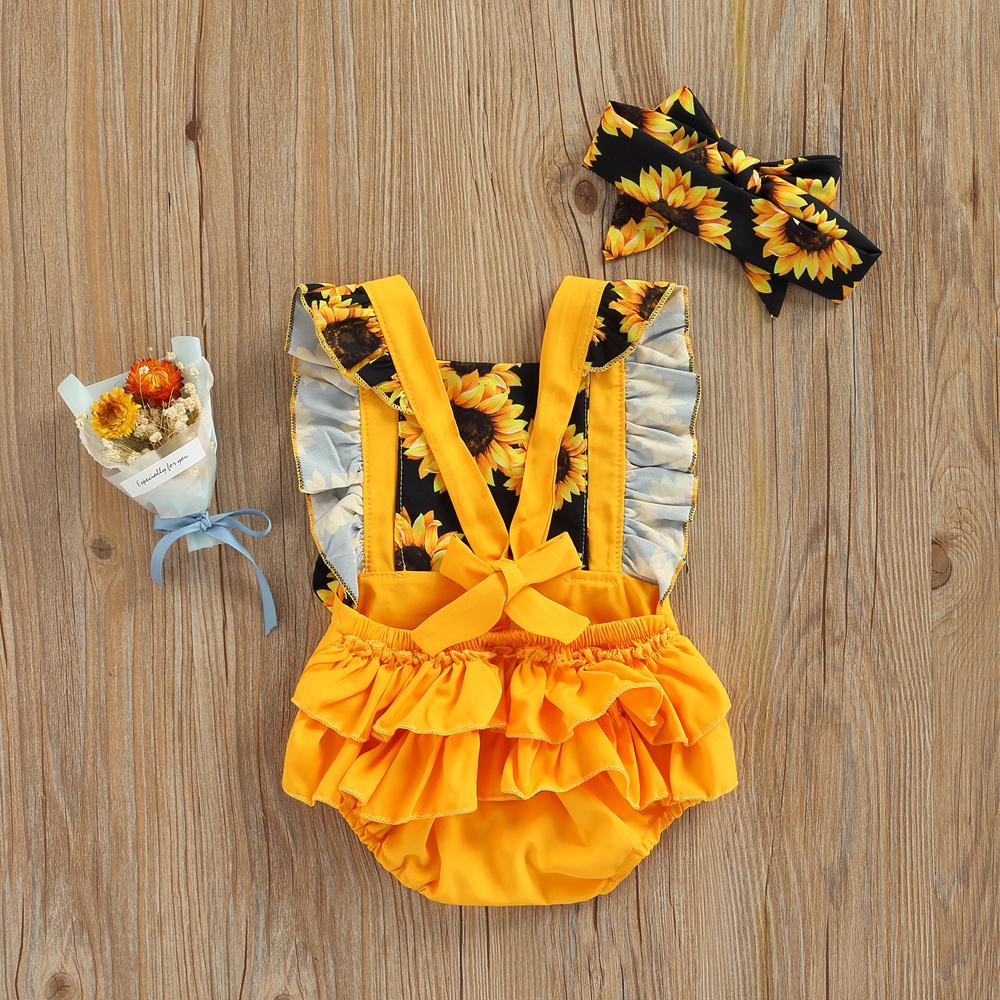 Vêtements pour nouveau-nés filles de 0 à 24 mois, imprimé tournesol, manches à volants, barboteuse dos nu avec bandeau