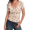 Women Slim Fit Square Neck Short Sleeve Top Retro Floral Print Stretchy Ribbed Fabric Casual Daily Wear