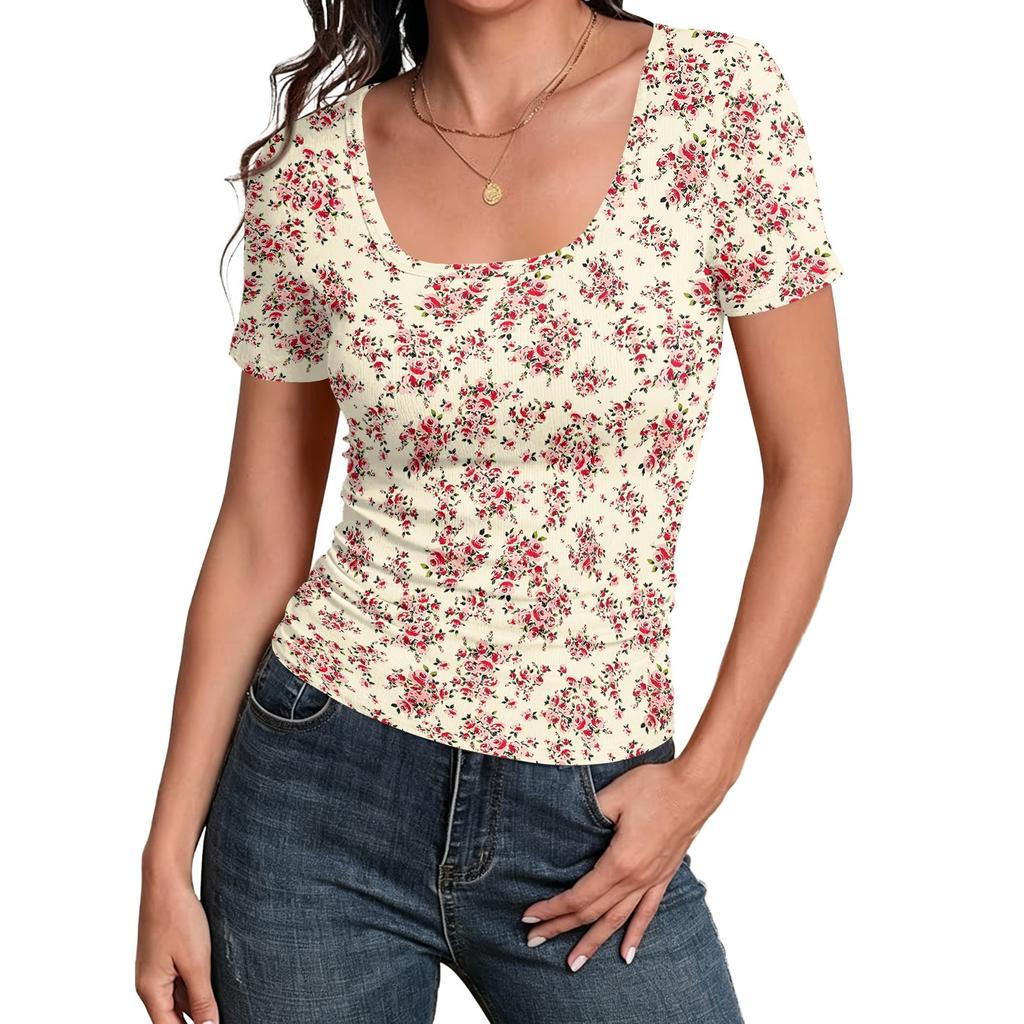 Women Slim Fit Square Neck Short Sleeve Top Retro Floral Print Stretchy Ribbed Fabric Casual Daily Wear