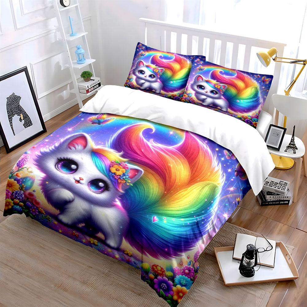 Kitten With Rainbow Tail And Butterflies Duvet Cover Set With 3D Printing Design Soft Polyester Bedding Set All-Season Comfort