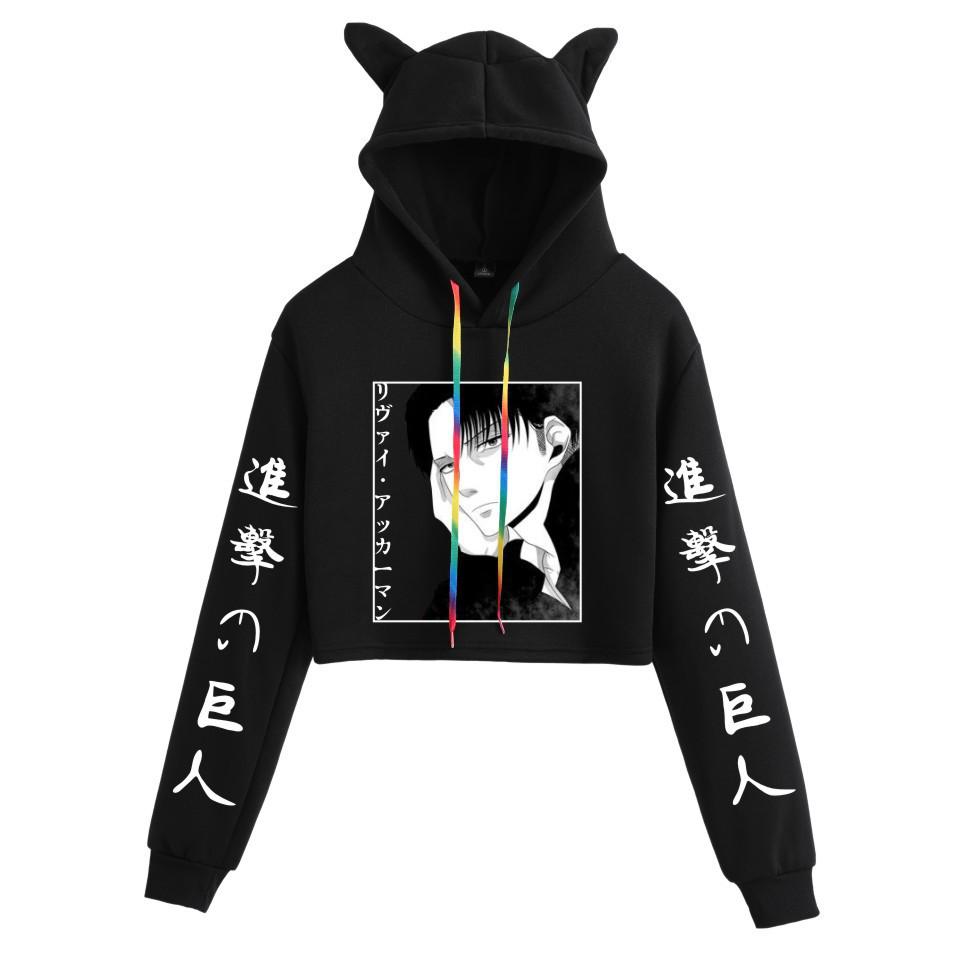 2021 Attack on Titan Anime Print Crop Top Hoodie with Cat Ears for Girls