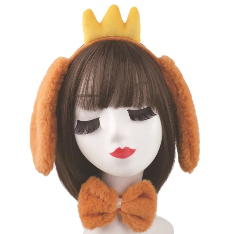 Dogs Ears Headband Dog Hair Hoop Set Plush Tail Bowtie Dog False Nose Brown Mesh Skirt Animal Dress Up Set