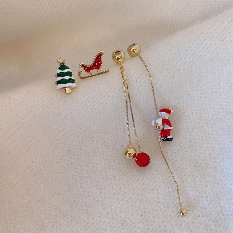 Asymmetric Earrings Santa Claus Dangle Earrings Long Tassel Berry-Pendant Stud Earring for Women Girl Christmas-Decor