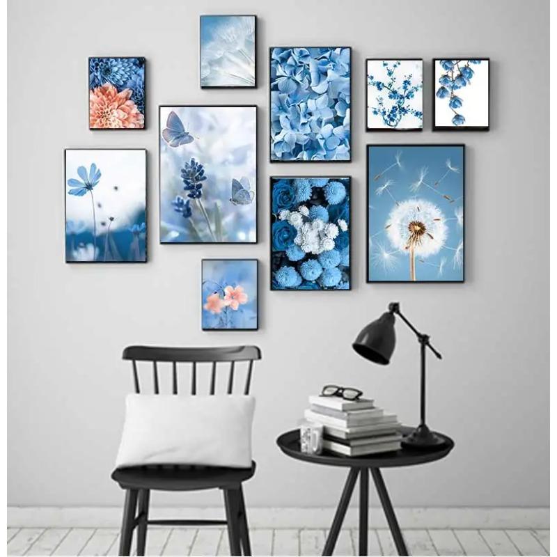 Wall Art Blue Tone Dandelion Peony Orchid Flower Oil Painting Spring Poster and Printmaking Living Room Home Decoration Pictures