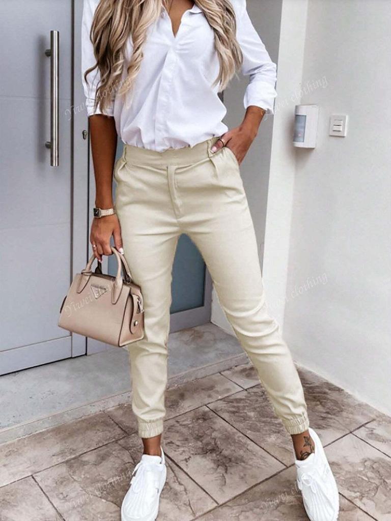 Europäische & Amerikanische Damen High-Waist Plissee Slim-Fit Jogginghosen mit Elastischen Bündchen - Lässige Bürohosen