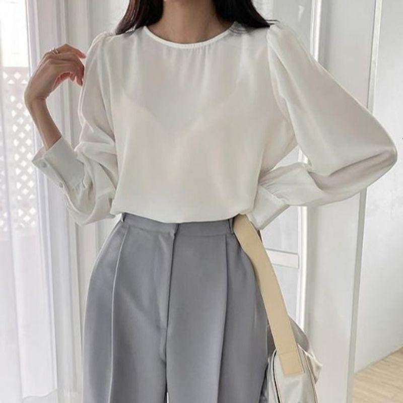 

New round Neck Lady Champagne Loose Long Sleeve Shirt White M