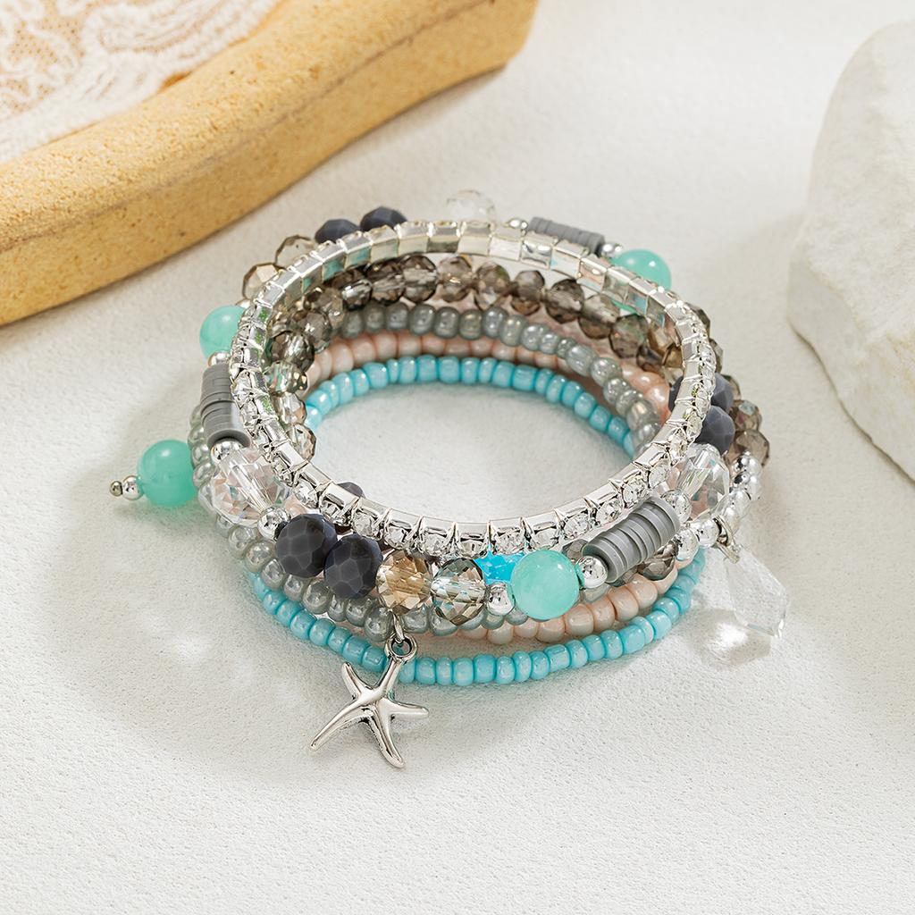 8 Pieces of Beach Style Mixed Color Rice Bead Starfish Pendant Bracelet, Multi-layer Layered Artificial Crystal Zircon Bracelet