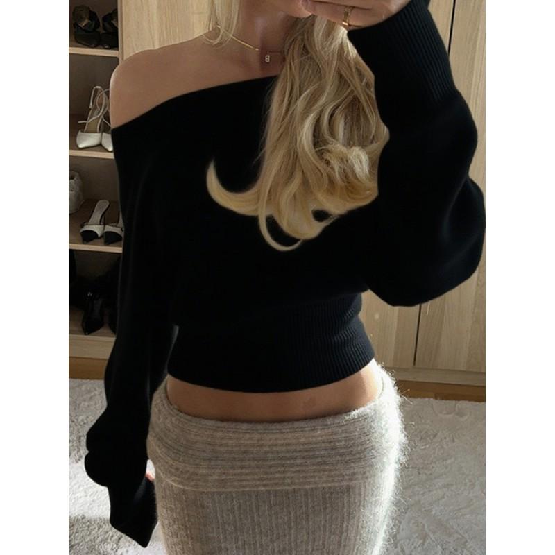 2026 Asymmetrical Off-Shoulder Sweater Women Casual Design Solid Color Long Sleeve