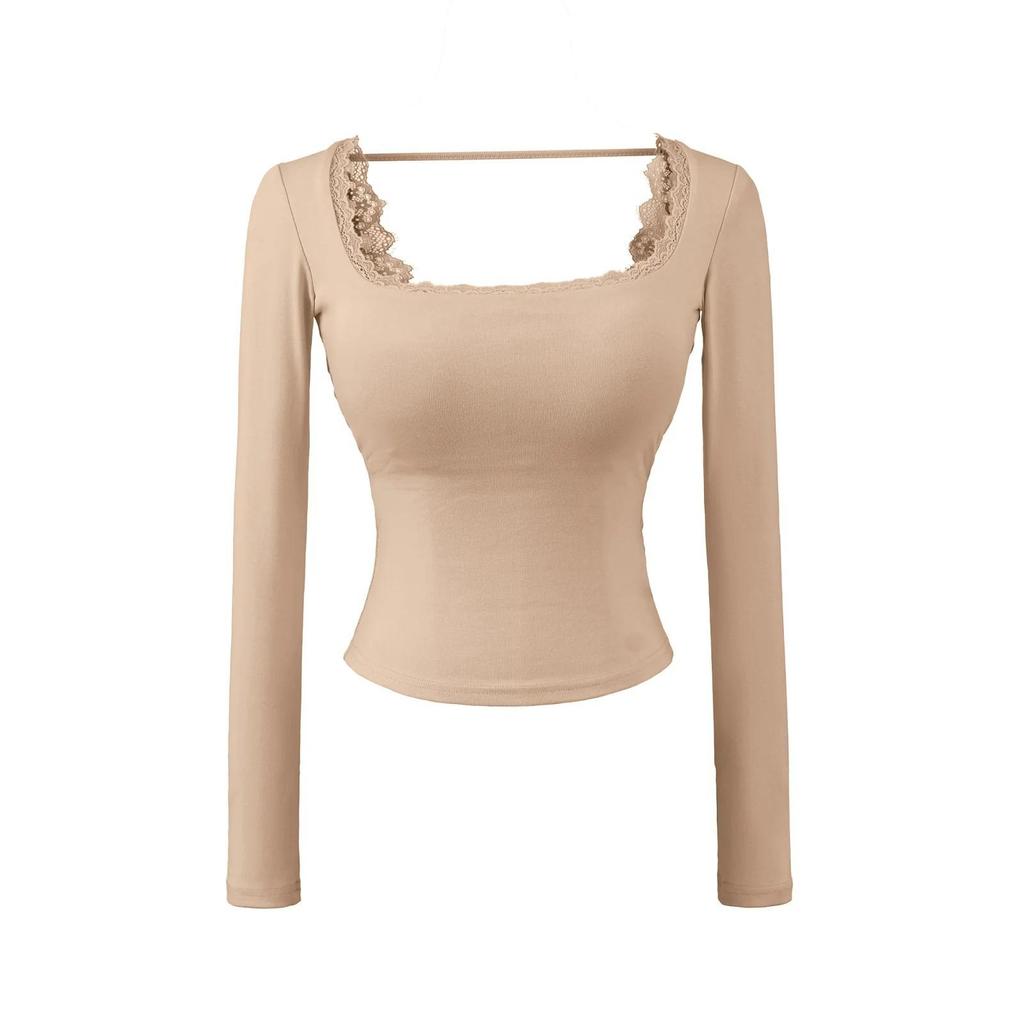 Women's Pure Desire Lace Trim Long Sleeve Slim Fit Top with Chest Pads - Ideal for Spring and Autumn