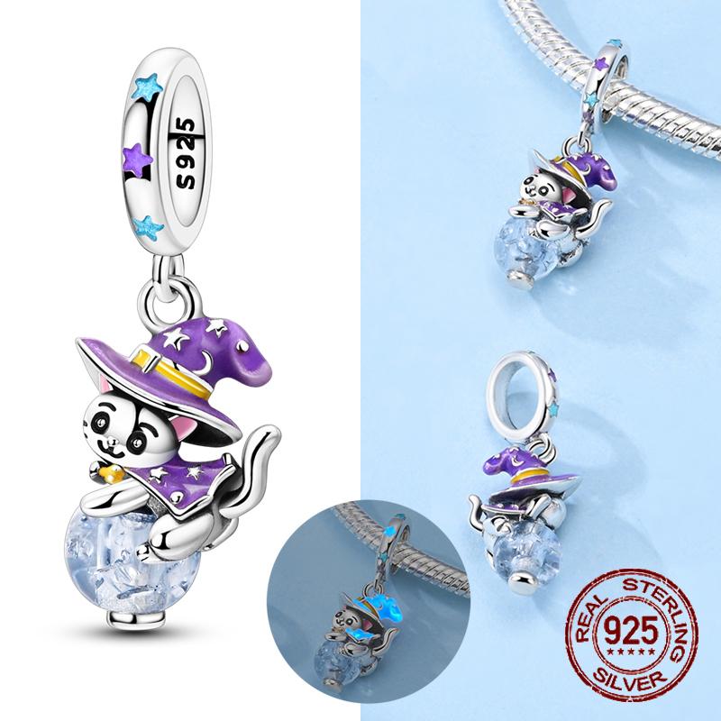 Copper Charms Cute Black Cat Shiny Star Moon Beads Pendants For Original Bracelet Fine Jewelry For Women Gifts Diy