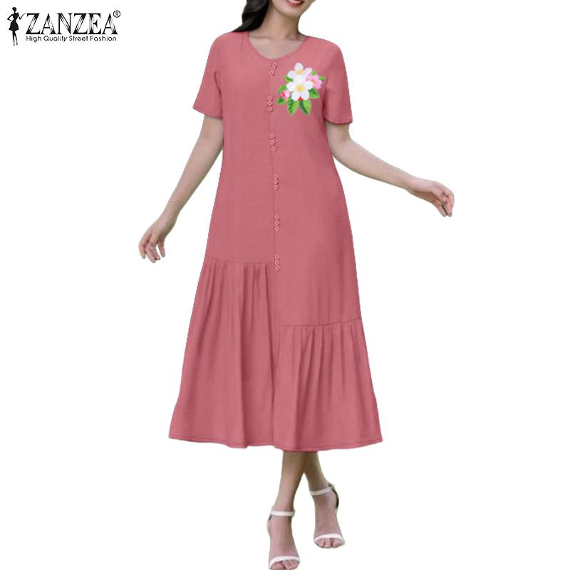 ZANZEA Women Casual Round Neck Short Sleeve Summer Floral Dress