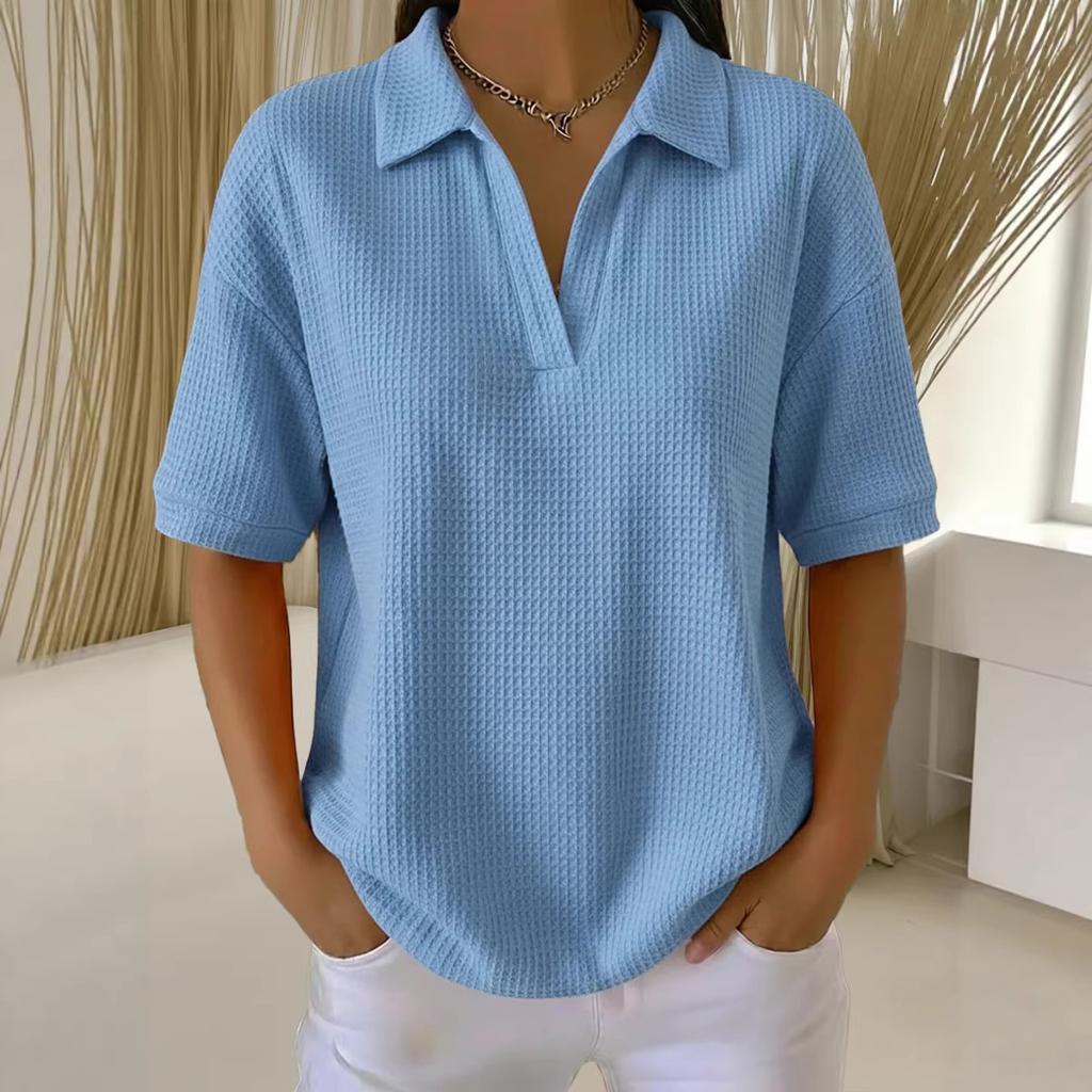 Women's White Short Sleeve V-Neck Waffle Texture Loose Casual Shirt