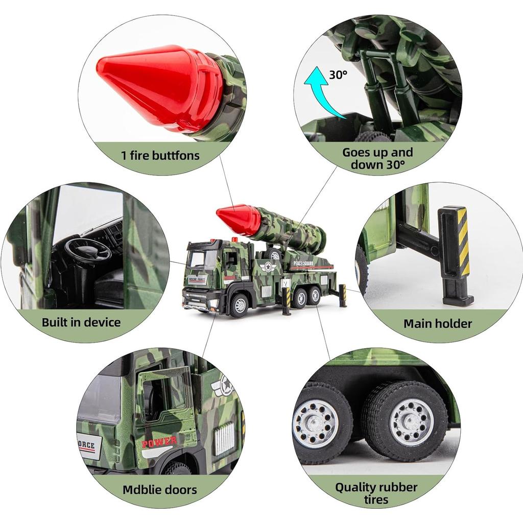 Army Toys Militär-LKW mit 6 abschussbaren Raketen, Druckguss-Spielzeugfahrzeuge, Modellautos mit Licht und Geräuschen, Pull Back and Go-Geschenk