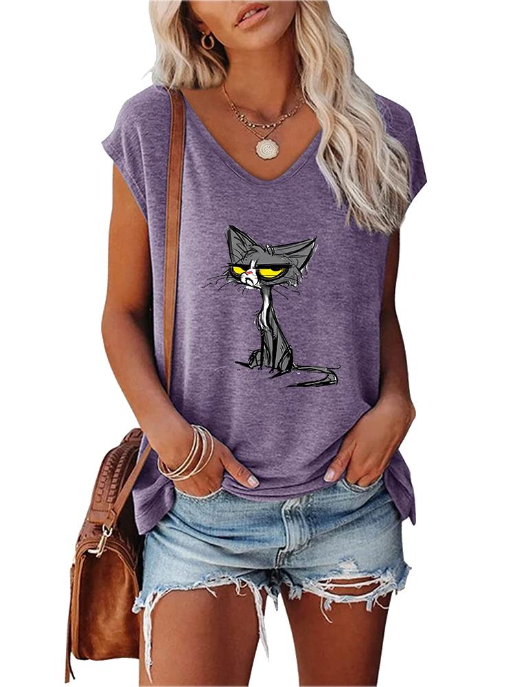 Women Fashion V Collar Short Sleeve Top Summer Casual Print T-shirt