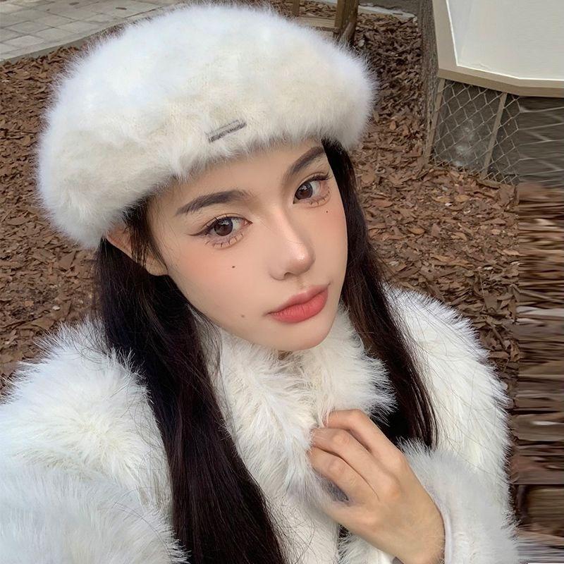 Ladies White Rabbit Fur Hat Winter Beret Autumn and Winter Versatile Trendy Retro Bud Hat