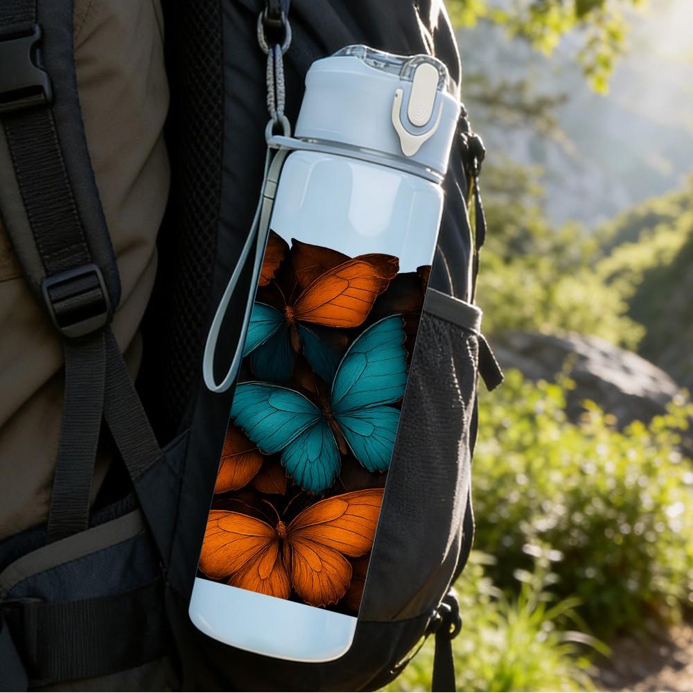 1PC Orange Teal Butterfly Mosaic Art Print 750ml Color Plastic Sports Water Bottle Leakproof Flip Straw Lid Suitable for Sports Office Home Use