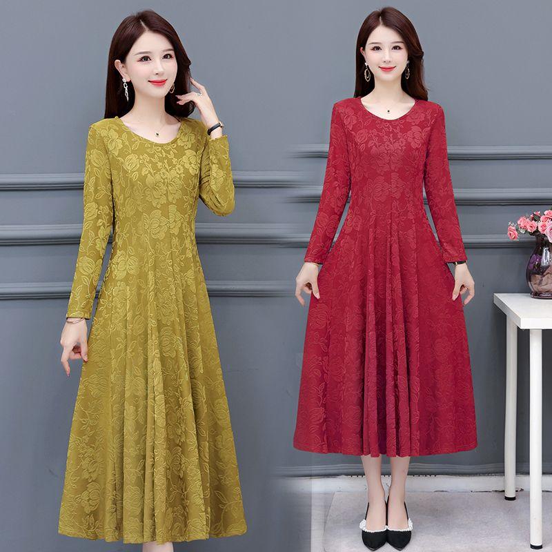 Abito Maxi Lussuoso Jacquard Floreale Girocollo Maniche Lunghe per Madri Elegante Abito da Ballo