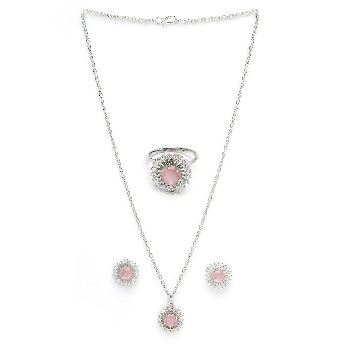 Silver Plated Luxury American Diamond Heart Crystal Pendant Ring & Earrings Combo Jewellery Set For Women