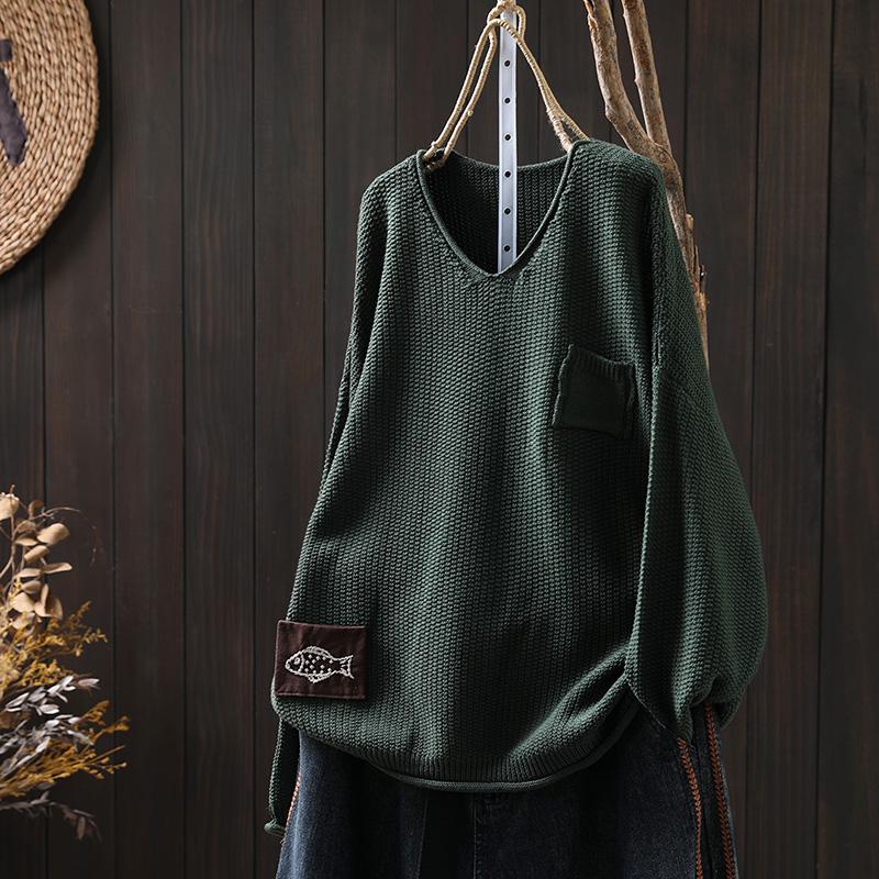 Women's Artistic Loose V-Neck Cotton Knit Sweater - Autumn Long Sleeve, Versatile Large Size