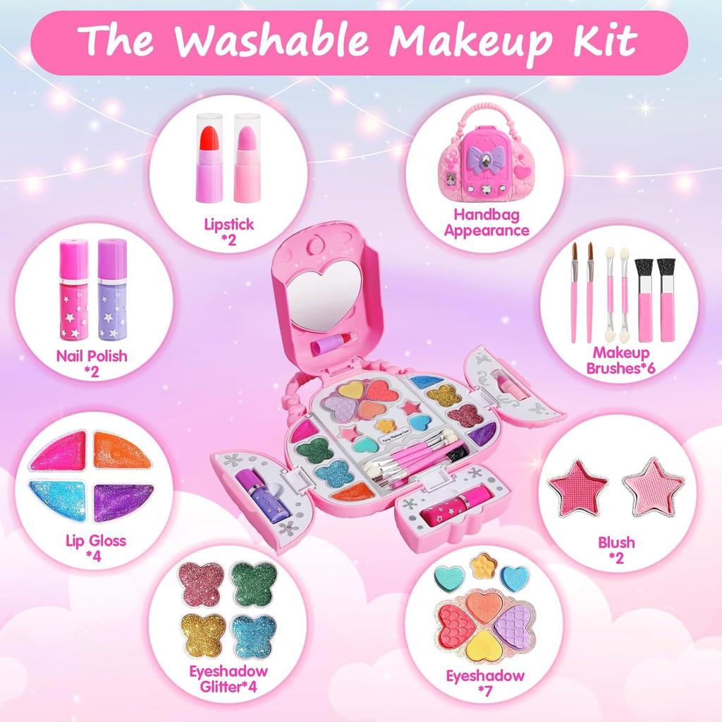 Kids Real Washable Makeup Kits for Girls with Mirrors, Fashionable Handbag Storage Design,Princess Toys Cosmetic Set, Gifts