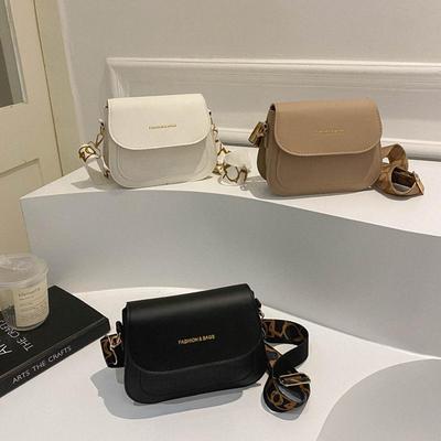 Simple PU Leather Saddle Shoulder Bags Solid Color Crossbody Bag Wide Strap Flap Purse and Handbag For Women Girls
