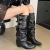 Maillard pleated stacked Wellington female western boot with thick heel but knee-length belt buckle pant tube biker boots