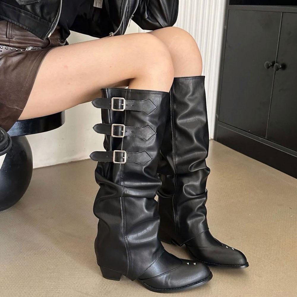 Maillard pleated stacked Wellington female western boot with thick heel but knee-length belt buckle pant tube biker boots