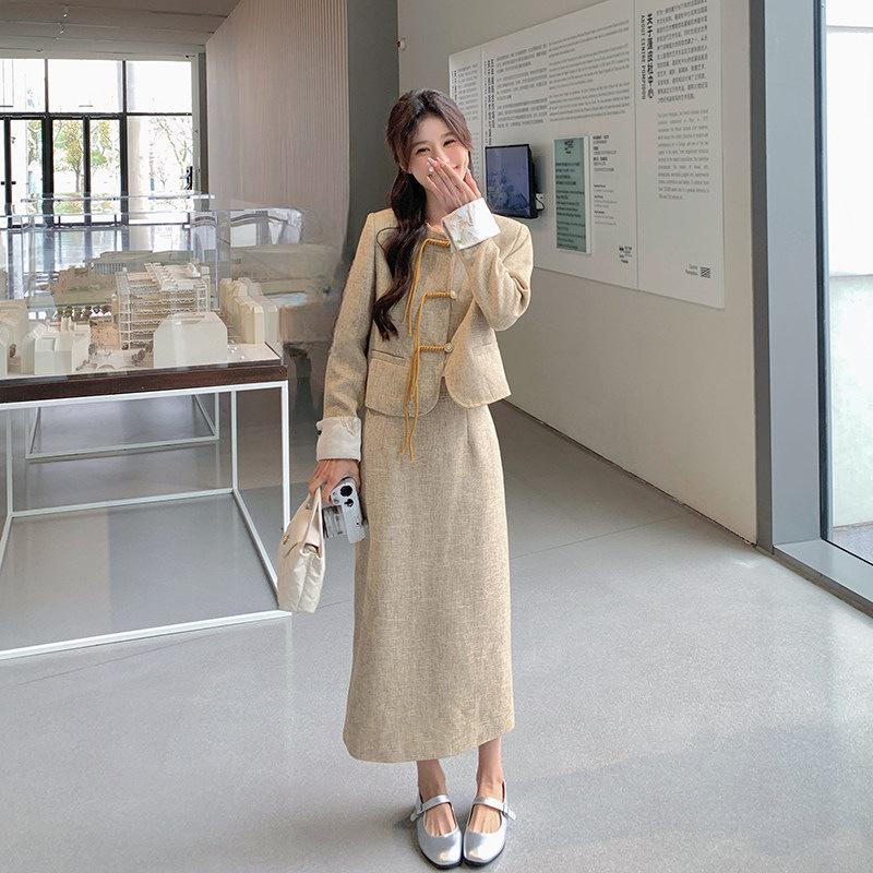 Khaki Chinese Style Women's Autumn 2026 Frog Button Top & Skirt Set