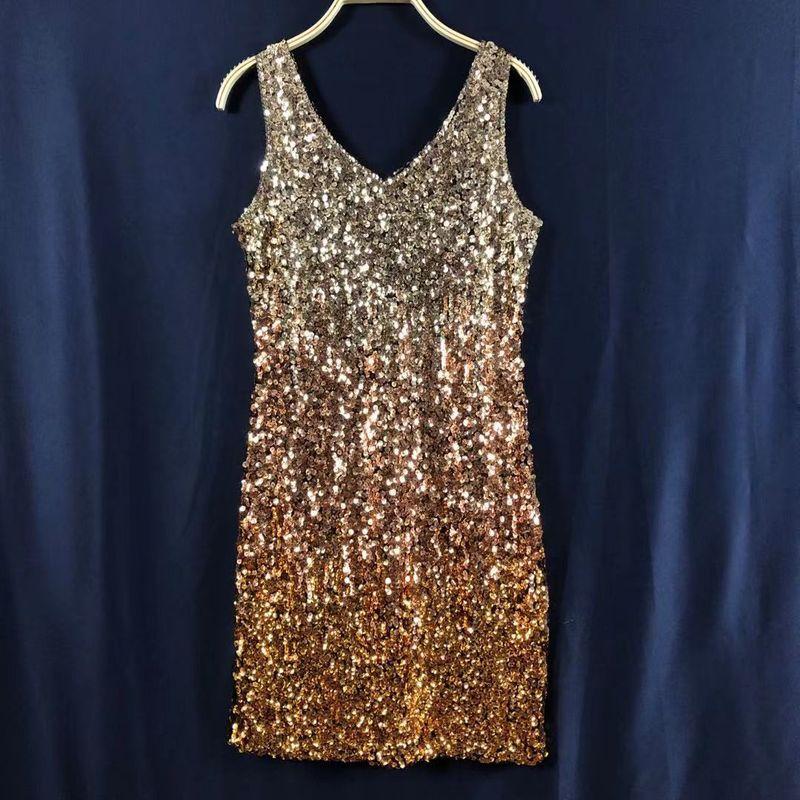 

Тонкое европейское и американское платье без рукавов облегающего кроя с пайетками Gold All yards