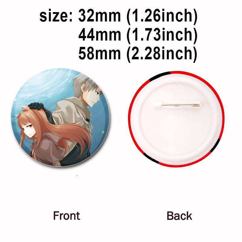 32/44/58mm 58mm Kurafuto Rorensu Horo Badge Cute Anime Wolf Brooches Handmade Platic Lapel Pin for Clothes Hat Backpack Jewelry Accessories