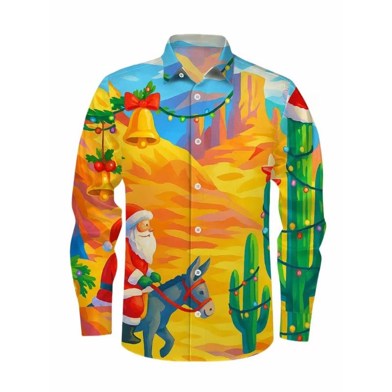 New Christmas Men's 3D Printed Formal Shirt Christmas Tree Santa Claus Pattern Long Sleeve Shirt Fashion Men's Shirt