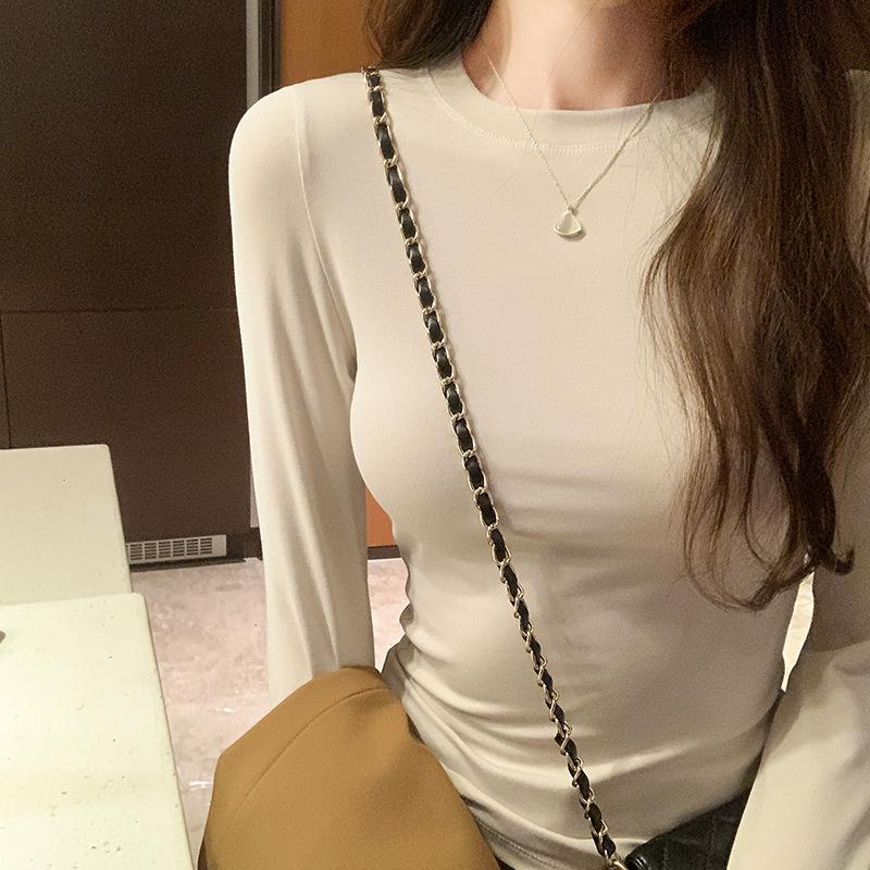 Round Neck Solid Color Long-sleeved Right Shoulder T-shirt with Women's New Autumn and Winter Slimming and Tight Basic Bottoming Top