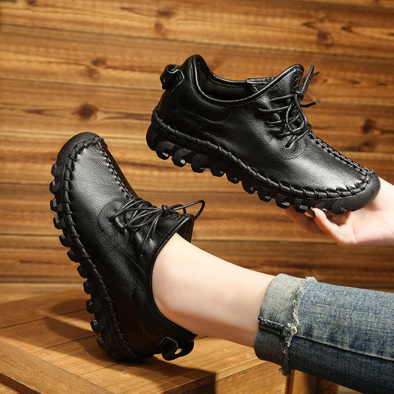 Fashion Handmade Genuine Leather Women Shoes Fashion Casual Sneakers Retro Flats Ladies Lacing Loafers Breathable Vulcanized Shoes