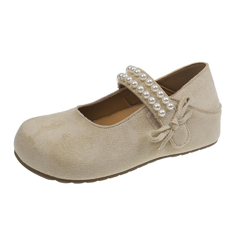 

Bow matte loafer single shoes women s 2025 autumn retro style pearl buckle inner height increase Mary Jane shoes women 35 бежевый
