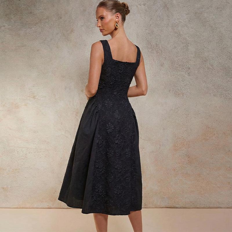 Women's Black Sleeveless Dress, Square Neck, A-Line Skirt with Floral Pattern