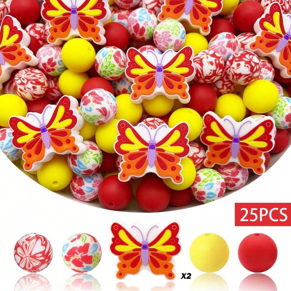 

25/75PCS Colorful Butterfly Series Silicone Bead Set, perfect for DIY handmade crafts such as keychains, necklaces, bracelets, e