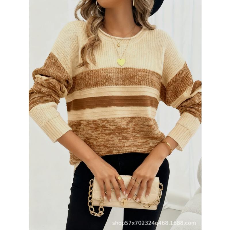 Womens Striped Color Block Crew Neck Loose Long Sleeve Knit Sweater