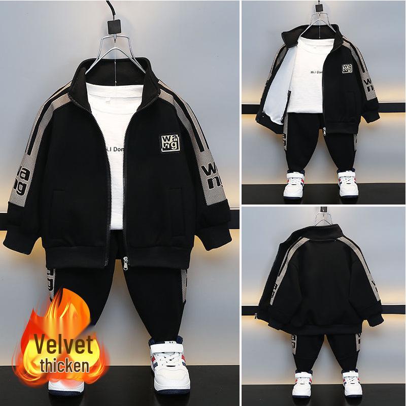 Boys' Plush Cardigan & Sweatpants Set: Stylish Autumn/Winter Sportswear